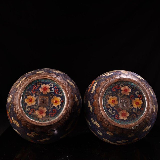 Late 20th Century Late 20th Century Pair of Gilt Bronze Cloisonné Enamel Double-Gourd Vases With Dragon and Phoenix Motifs For Sale - Image 5 of 9