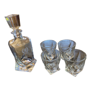 Mid 20th Century Sons of Grant Royal Vintage Crystal Cut Whiskey Decanter & 4 Glass Tumbler Set | 5-Piece Barware