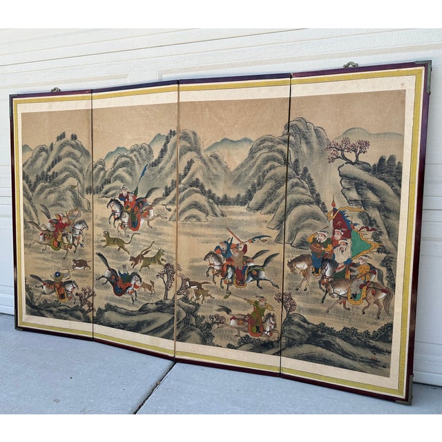 Korean Joseon Period Four-Panel Folding Screen With Tiger Hunt and Calligraphy, For Sale - Image 16 of 18