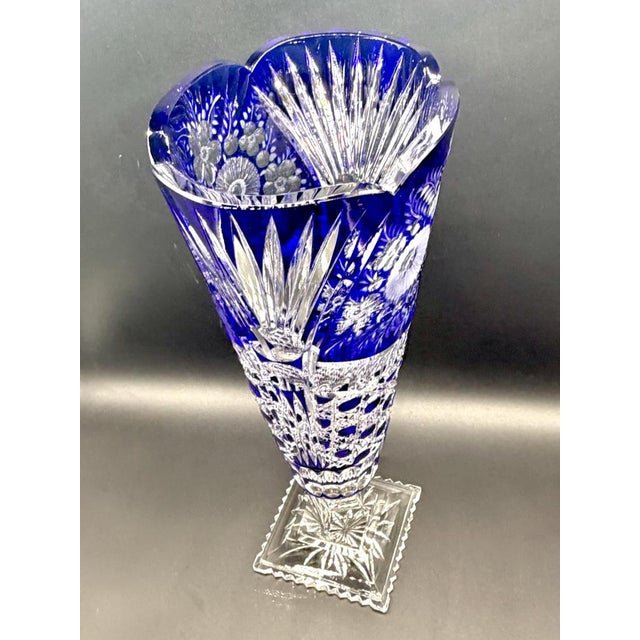 Vintage Crystal Cobalt Blue Overlay Cut Crystal Vase from Meissen, 1960s For Sale - Image 10 of 18
