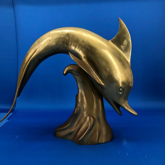 Mid 20th Century Large Mid Century Brass Jumping Dolphin Sculpture For Sale - Image 9 of 9