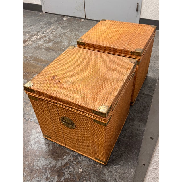 Wood Wicker Asian Campaign/Chinoiserie Hinged Chests, Pair For Sale - Image 7 of 12
