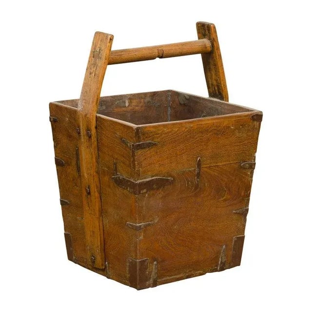19th Century Antique Chinese Wood & Metal Grain Basket with Carrying Handle For Sale In New York - Image 6 of 13