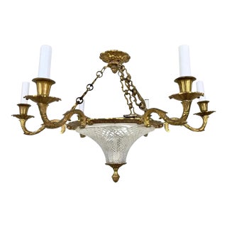 French Empire Style Ormolu Bronze Chandelier With Cut Crystal Bowl, 6 Arms For Sale