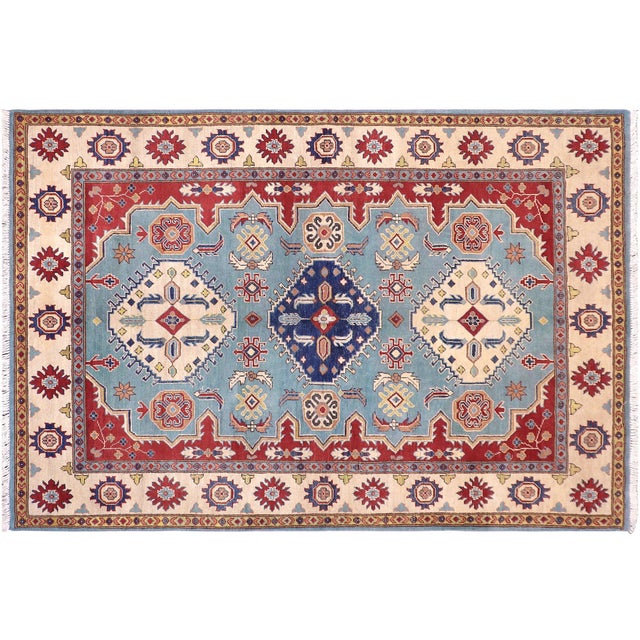 Boho Chic Kazak Blue/Beige Wool Rug - 5'8''x8'0'' For Sale - Image 10 of 10