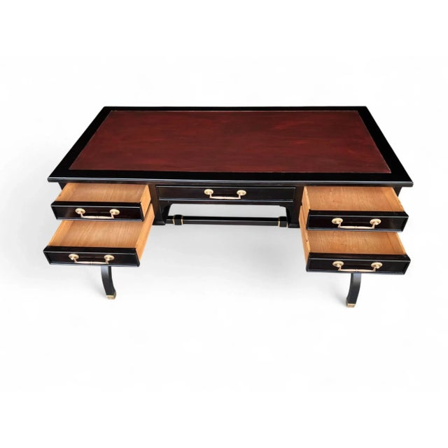 Wood Mid 20th Century Hollywood Regency Ebonized Desk With Cognac Leather Top by Sligh-Lowry For Sale - Image 7 of 17