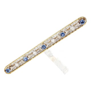 Mid 20th Century 14k Yellow Gold Antique Brooch With Diamonds & Sapphires For Sale