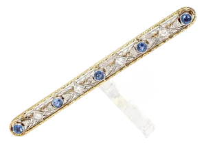Mid 20th Century 14k Yellow Gold Antique Brooch With Diamonds & Sapphires