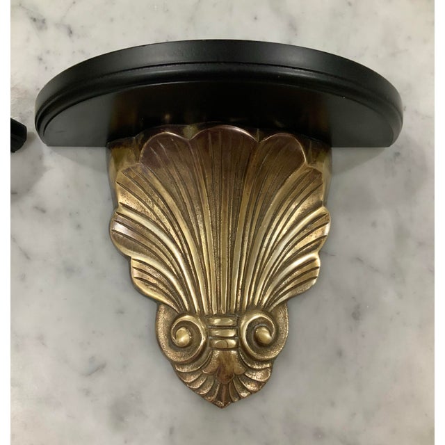 Pair of Vintage Brass Clam Shell Sconces With Black Wood Shelves for Nautical, Palm Beach Regency & Grandmillennial Styles+ See Pics! For Sale - Image 11 of 11