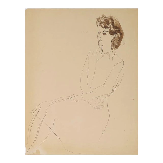 Louis Touchagues, Seated Woman In Dress, Ink and Watercolor, Early 1900 For Sale