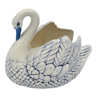 1970s Ceramic Swan Planter Blue and White For Sale