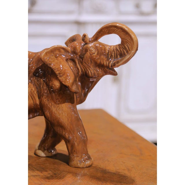 Mid-Century Italian Glazed Ceramic Elephant Sculpture With Raised Trunk For Sale - Image 4 of 8
