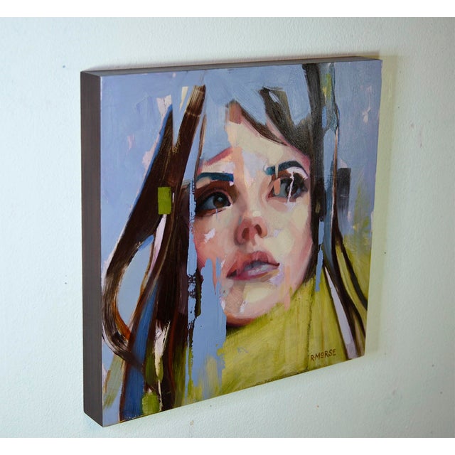 Contemporary Coming Together by Ryan Morse | Oil on panel Portrait of a woman with flowing hair and a yellow scarf. For Sale - Image 3 of 3