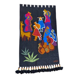 Vintage Olga Fisch Woven Wall Hanging With Brass Tassel Accents For Sale