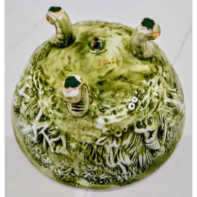 Vintage R. Capodimonte Italian Porcelain Covered Dish With Putti & Birds, Footed Green Gold Compote For Sale - Image 12 of 13