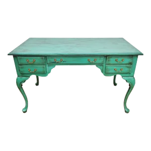 Vintage 20th C English Queen Anne Style Green Painted Writing Desk