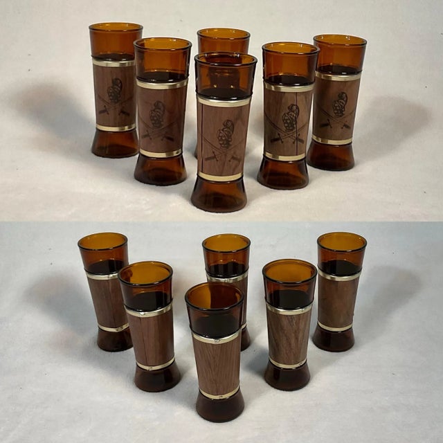 Mid-Century Modern 6 Pc Vintage Siesta Ware Conquistador Set With Packaging Walnut Wrap Tumblers Benner Glass Co., 60’s For Sale - Image 3 of 12