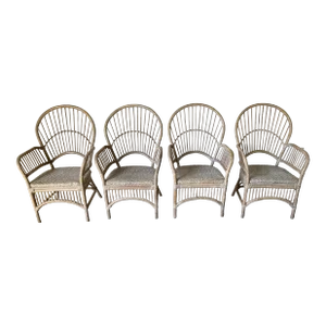 Vintage Coastal Palm Beach Style Cerused Rattan Balloon-Back Arm Dining Chairs - Set of 4