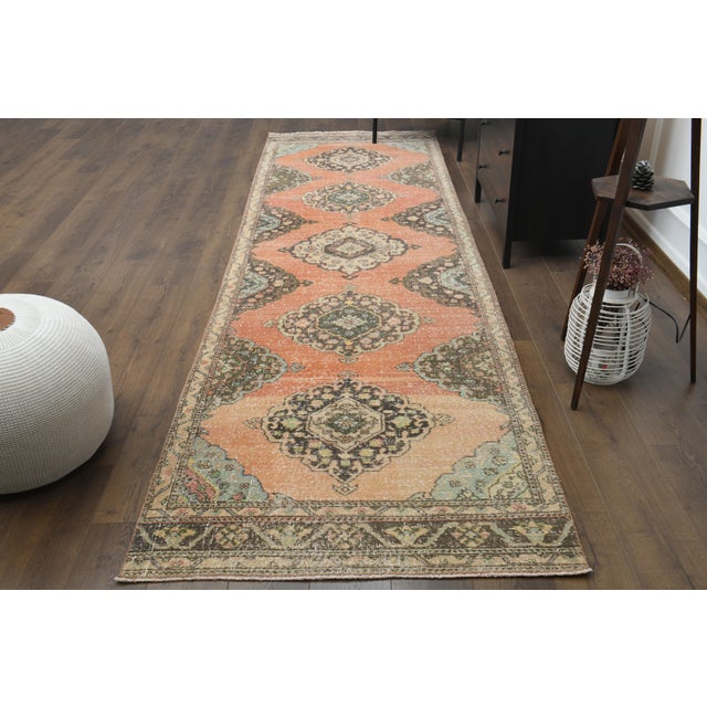 Vintage Turkish Hand-Knotted vintage rug is a semi-antique vintage runner rug.'70s Eastern region of Turkey's unique rug...