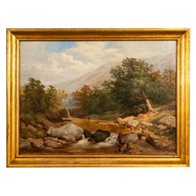 A large and fine antique oil painting, river landscape, The Est Lyn River near Barnstaple, Devon, England, by Albert Lane...