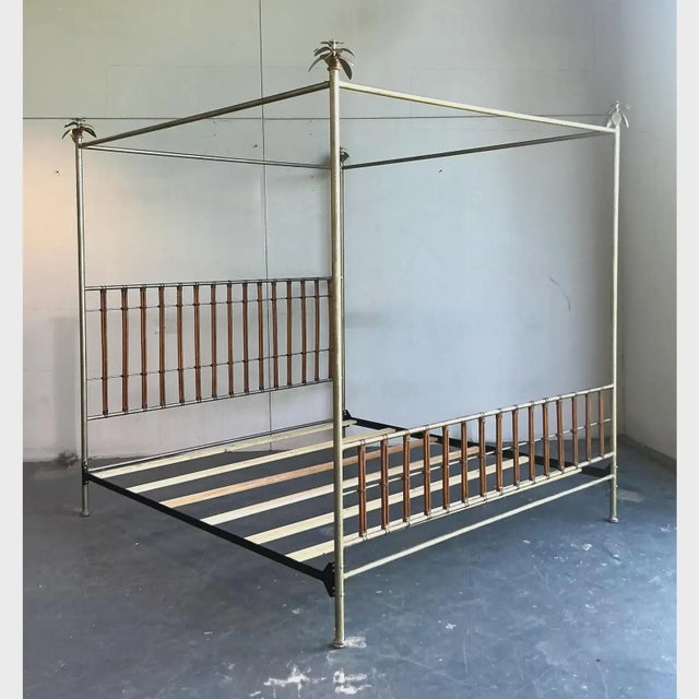 Vintage Regency Silver Leaf Palm Tree Queen Size Canopy Bed For Sale - Image 9 of 9