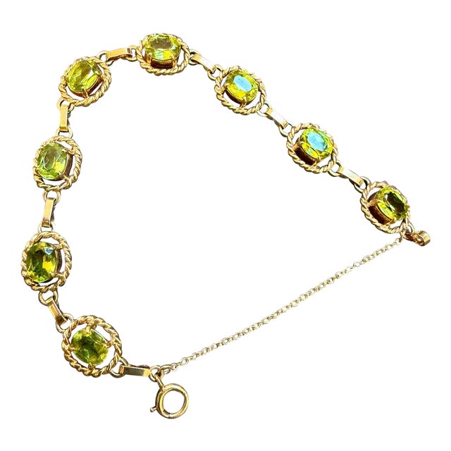 8 Carat Genuine Natural Peridot Tennis Bracelet 14 Karat Yellow Gold 14.7 Gram For Sale