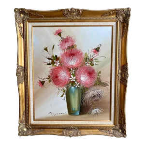 Large Vintage Still Life Flower Painting, Framed