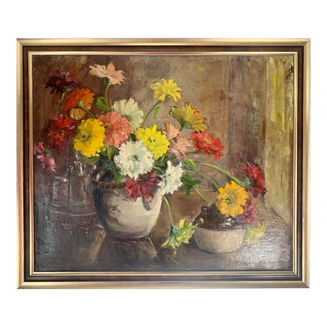 Vibrant Floral Still Life Oil Painting by Jennie Thatcher Crawford, Framed For Sale
