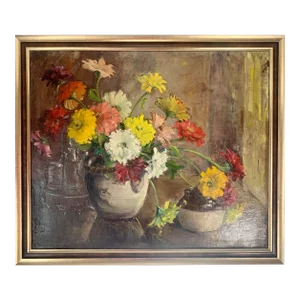 Vibrant Floral Still Life Oil Painting by Jennie Thatcher Crawford, Framed