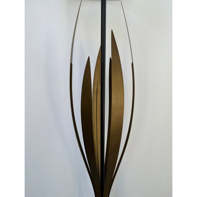 Mid Century Modern Currey & Co Neilos Floor Lamp. Large linen shade with a sculptural brass leaf like metal frame on a...