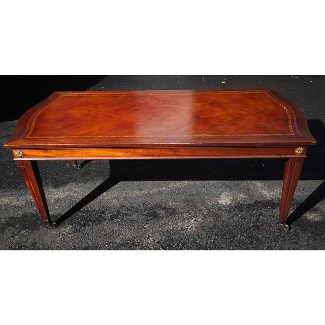 16 / 16 Mid 20th Century English Regency Mahogany and Stenciled Leather Top Coffee Table For Sale - Image 4 of 12