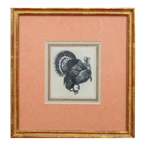 Ink & Gouache on Paper American Turkey Drawing in French Mat & Carved Gilt Wood Frame