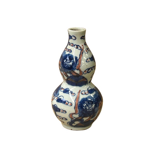 6" Blue White Foo Dog Lion Graphic Small Porcelain Gourd Shape Vase For Sale - Image 4 of 8