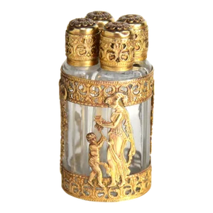Antique French Scent Bottle Set With Fitted Neoclassical Gilt Ormulu Holder- 5 Pieces