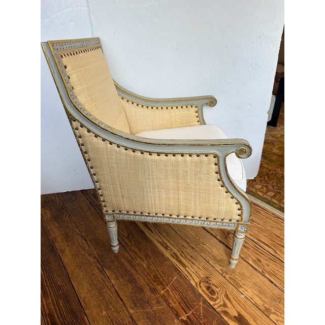 French Raffia & Grey Painted Wood Club Chair by Oly Studio For Sale - Image 3 of 11