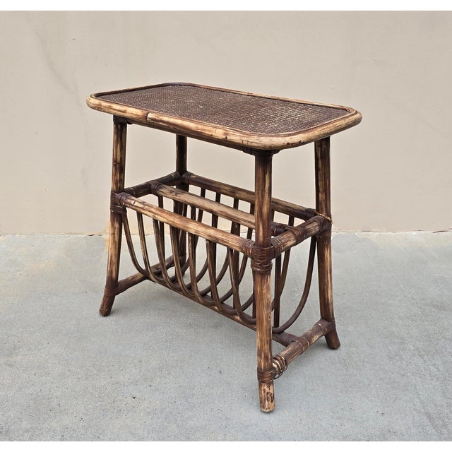 Realism Vintage Rustic Coastal Bamboo Rattan Brown Magazine Rack Side Table For Sale - Image 3 of 14