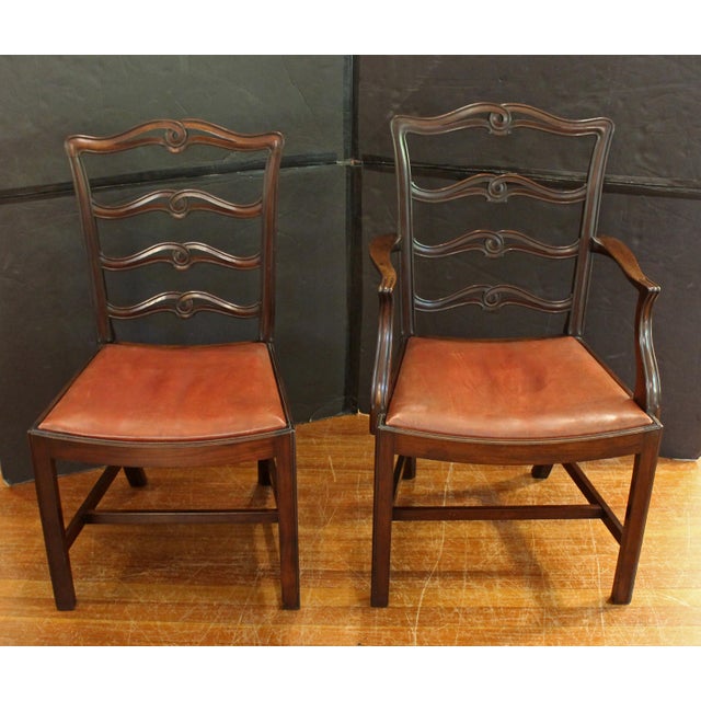Circa 1880-1900 Georgian style set of 8 dining chairs, English. 2 arms & 6 sides. Chippendale taste ribbon ladderbacks....