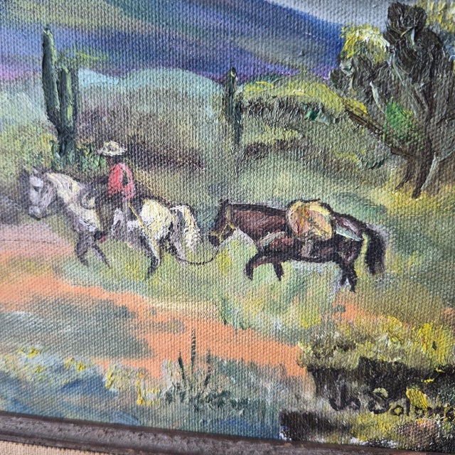 VTG Desert Framed Landscape Painting Signed Original Saguero Cacti 10 X 14 Horse For Sale - Image 6 of 16