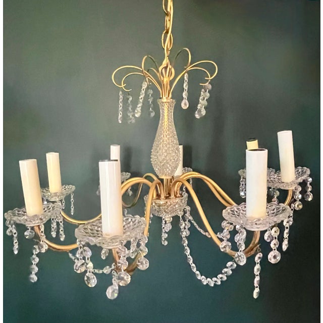 Mid-Century Modern Mid-20th Century Eight Arm French Brass and Crystal Chandelier, Circa 1950 For Sale - Image 3 of 12