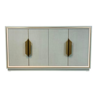 Asian Modern Pale Blue Grass Cloth Credenza For Sale