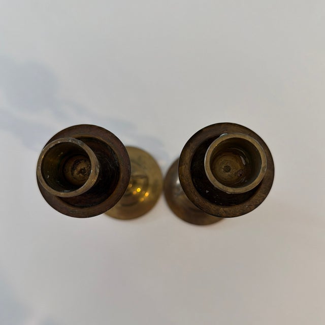 A Pair of Vintage Asian-Style Brass Candlestick Holders For Sale - Image 4 of 4