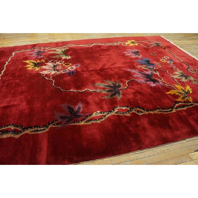 Splendid Red Background With Palmtrees in a Floral Design Antique Chinese Art Deco Rug For Sale - Image 10 of 12