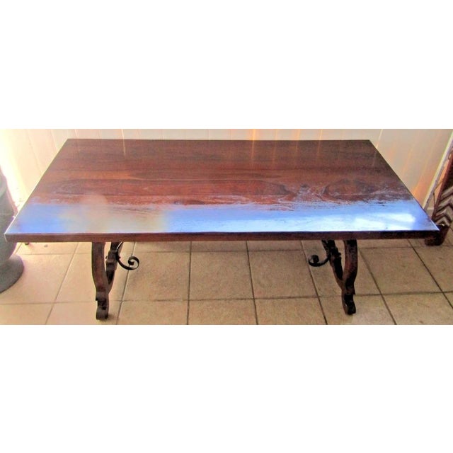 1960s Vintage Spanish Catalan Trestle Dining Table With Lyre Legs and Iron Stretchers For Sale - Image 5 of 15