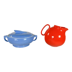 Vintage Solid Colours Red Pitcher by Waechtersbach Germany & Blue Sundial Covered Casserole Dish by Hall