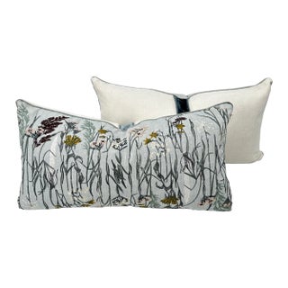 Embroidered Floral Linen Throw Pillows Pair For Sale