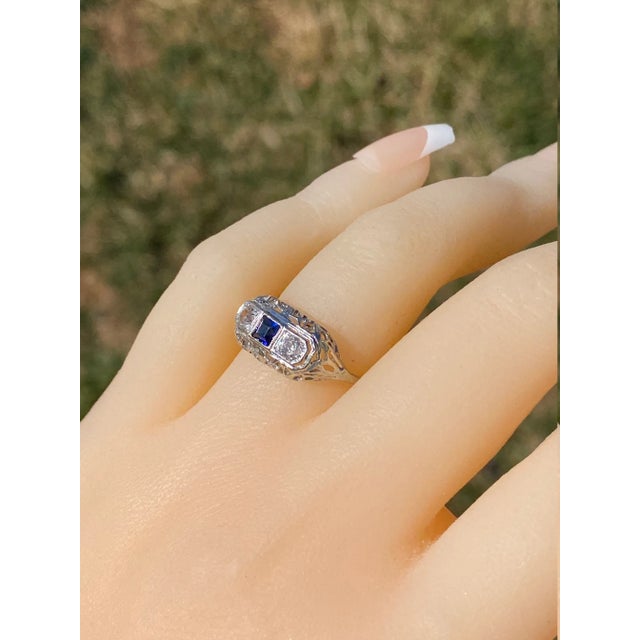 The Kangaroo Island: Antique Platinum Filigree Ring set with Sapphire and Diamonds For Sale - Image 10 of 10