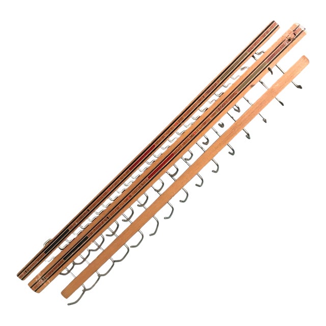 Vintage Tie Scarf Belt Necklaces Wall Mount Organizer Wood Brass 29 Hooks Adjustable For Sale
