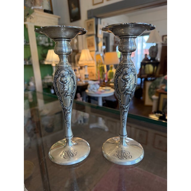 Metal Art Nouveau Sterling Candle Holders Pair For Sale - Image 7 of 14