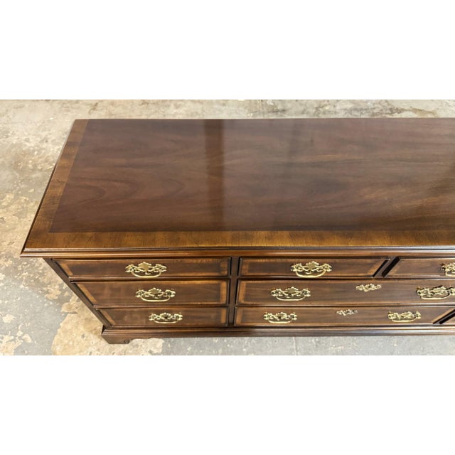 Brown Drexel 18th Century Collection Banded Dresser With Dual Mirrors For Sale - Image 8 of 17
