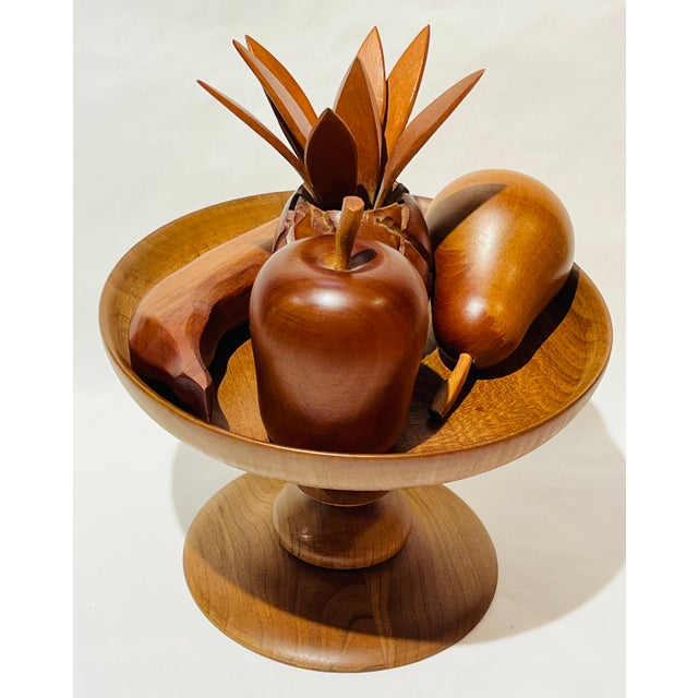 Mid Century MCM Wooden Fruit and Pedestal Bowl. Monkey Pod Fruit, Wood Centerpiece For Sale - Image 9 of 9